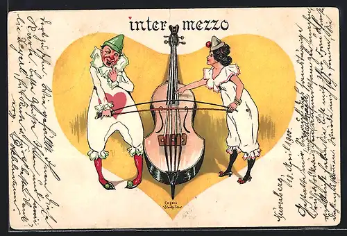 Künstler-AK Hans Starcke unsign.: Intermezzo, Harklekine mit Kontrabass