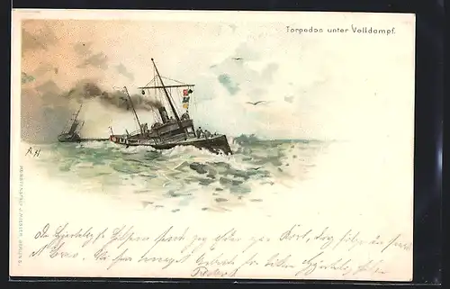 Künstler-AK A. Heide: deutsches Torpedoboot bei voller Fahrt