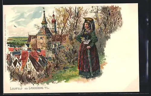 Lithographie Lechfeld bei Landsberg, Ortsansicht mit edler Dame in Tracht