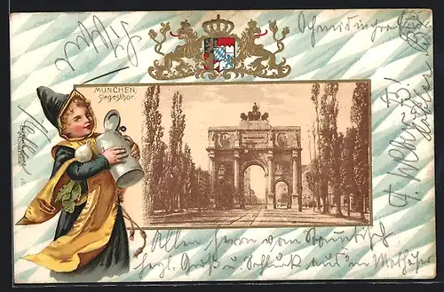 Passepartout-Lithographie München, Siegesthor, Münchner Kindl, Wappen