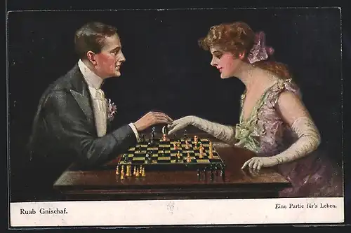 Künstler-AK Ruab Gnischaf: Eine Partie fürs Leben, Liebespaar beim Schach
