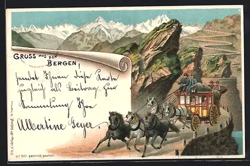 Lithographie Postkutsche der Schweizerischen Alpenpost auf einer Passstrasse