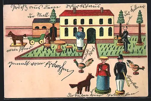 AK Holzspielzeug, Paar vor Gasthaus