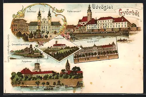 Lithographie Györ, Pannonhalma, Kiralyi tabla, Raba-rakpart, Puspokvar, Szechenyi ter