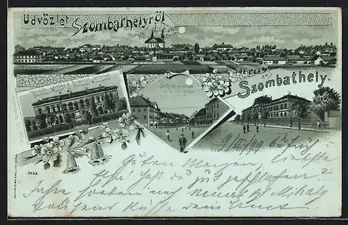 Mondschein-Lithographie Szombathely, Stadthaus-Theater und Berzsenyi Monument, Eisenburger Waisenhaus