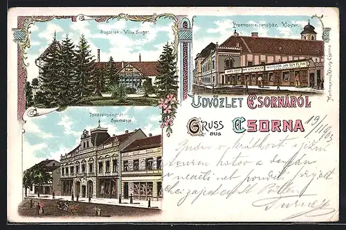 Lithographie Csorna, Villa Sugar, Kloster und Sparkasse