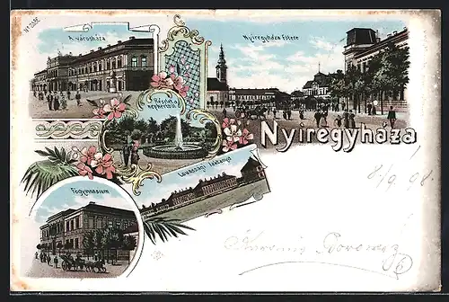 Lithographie Nyiregyhaza, A varoshaza, Fögymnasium, Nyiregyhaza fötere, Lovassagi laktanya