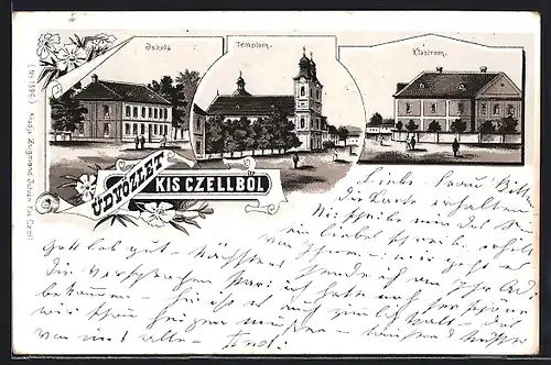 Lithographie Kis-Czell b. Eisenburg, Iskola, Templom, Klastrom
