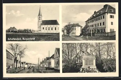 AK Schattendorf, Kirche, Ehrenmal und Strassenpartie