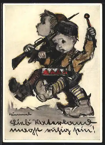Künstler-AK Hummel: Zwei Jungen als Soldaten marschieren