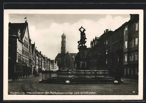 AK Augsburg, Maximilianstrasse, Herkulesbrunnen und Ulrichkirche