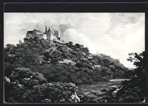 Künstler-AK Bentheim, Blick hinauf zum Schloss