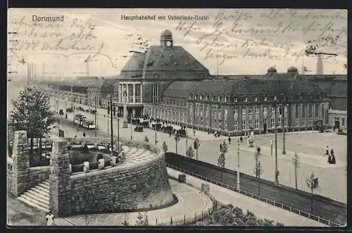 AK Dortmund, Hauptbahnhof mit Vehmlinde-Bastei und Strassenbahn