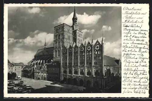 AK Stralsund, Marktplatz mit Rathaus und Nikolaikirche