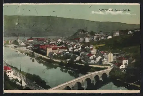 AK Bingen, Generalansicht mit der Dursusbrücke im Vordergrund