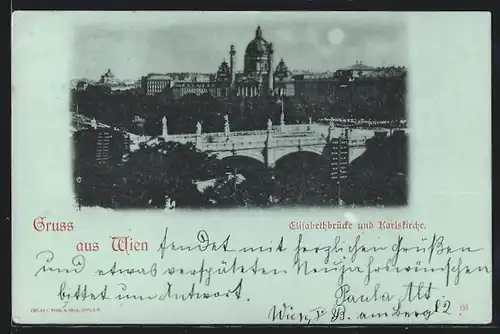 Mondschein-AK Wien, Elisabethbrücke und die Karlskirche