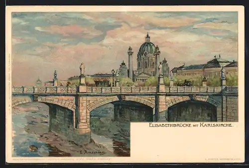 Lithographie Wien, Elisabethbrücke mit karlskirche