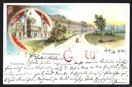 Lithographie Wien, Polytechnikum und Karlskirche