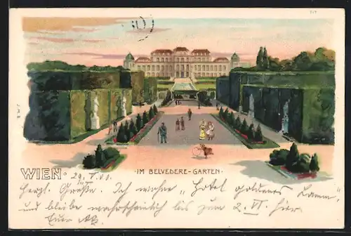 Lithographie Wien, Partie im Belvedere-Garten mit Besuchern