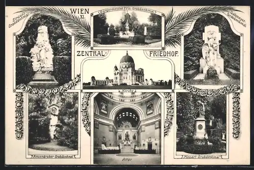 AK Wien XI, Zentral Friedhof, Anzengruber-Grabdenkmal, Mozart Grabdenkmal