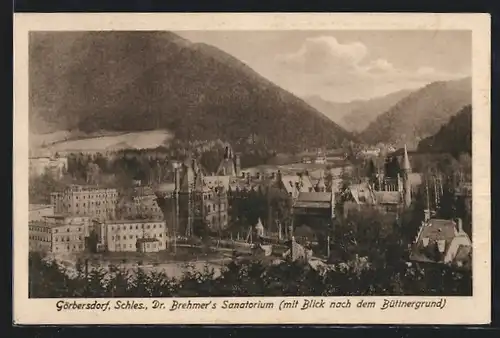 AK Görbersdorf, Dr. Brehmer`s Sanatorium mit Blick nach dem Büttnergrund