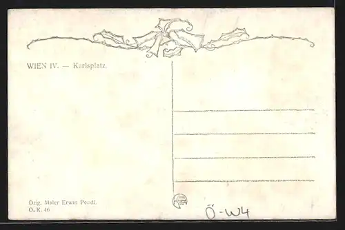 Künstler-AK Erwin Pendl: Partie am Karlsplatz mit Karlskirche, Strassenbahn, Litfasssäule