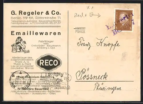 AK Berlin, Geschäftskarte G. Regeler & Co., Ritterstrasse 71
