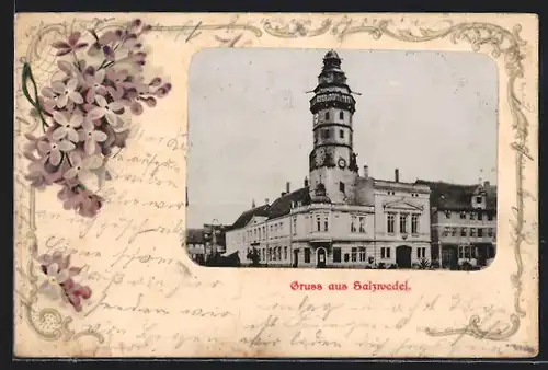 AK Salzwedel, Stadtturm, Blumenschmuck