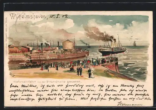 Lithographie Wilhelmshaven, Hafeneinfahrt von der Strandhalle gesehen