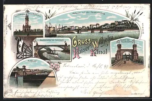 Lithographie Holtenau, Kaiser-Wilhelm-Kanal, Leuchtturm, Schleuse