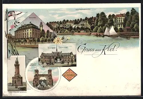 Lithographie Kiel, Bismarck-Denkmal, Düsternbrook, Leuchthurm