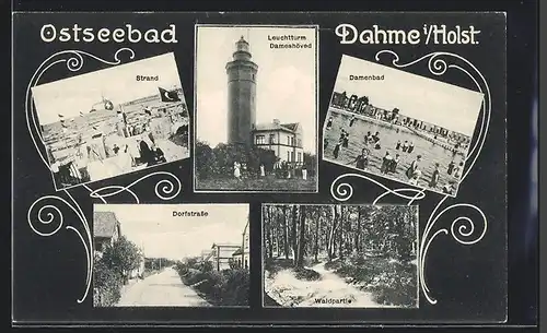AK Ostseebad Dahme i. Holst., Leuchtturm Dameshöved, Strand, Dorfstrasse, Damenbad