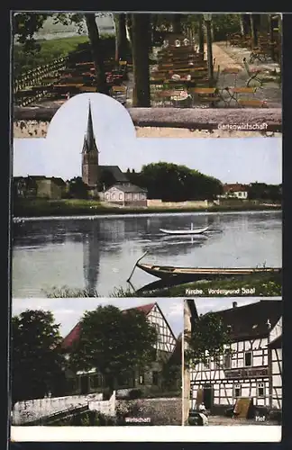 AK Dörnigheim a. M., Gasthaus Zum Schiffchen, Flusspartie mit Blick zur Kirche