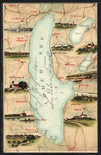 AK Diessen / Ammersee, Landkarte mit Ammersee und umliegenden Ortschaften