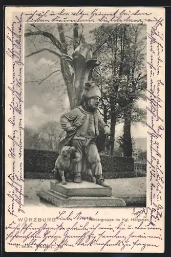 AK Würzburg, Königlicher Hofgarten, Skulptur Junge mit Hund