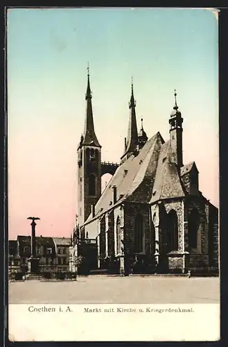 AK Coethen i. A., Markt mit Kirche und Kriegerdenkmal