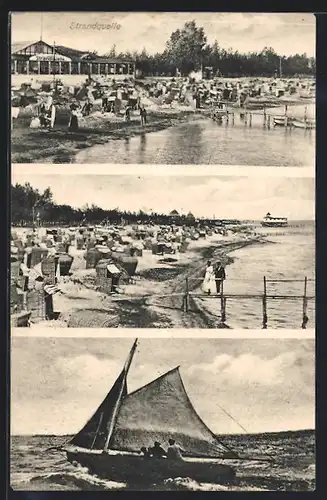 AK Grömitz / Ostsee, Café-Restaurant Strandquelle, Strandpartie, Fischerboot auf der Ostsee