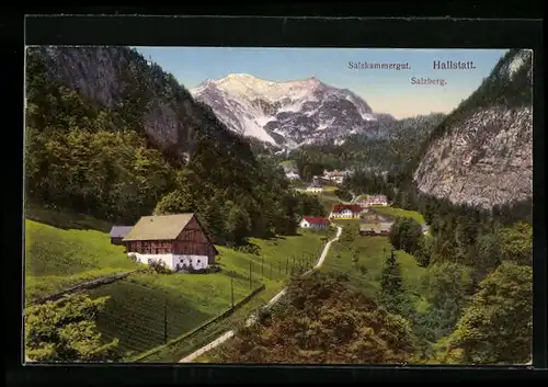 AK Hallstatt, Talblick im Salzkammergut mit Salzberg