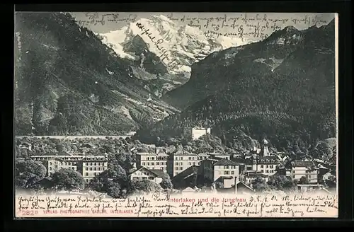 AK Interlaken, Stadtansicht gegen die Jungfrau