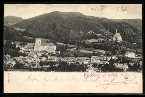 AK Kirchberg am Wechsel, Generalansicht mit der Kirche auf dem Hügel