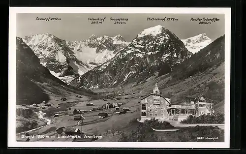 AK Brand, Hotel & Pension Beck und Teilansicht im Brandner Tal, Bergpanorama mit Seekopf, Felsenkopf und Scesaplana