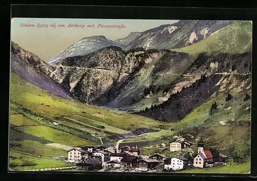 AK Stuben am Arlberg, Ortsansicht mit Flexenstrasse