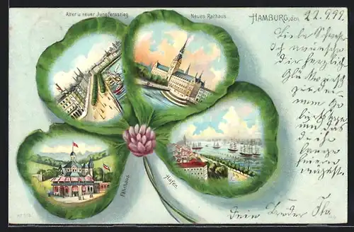 Passepartout-Lithographie Hamburg, Fährhaus, Hafen, Jungfernstieg im Kleeblatt