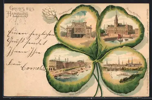 Passepartout-Lithographie Hamburg, Stadttheater, Neues Rathaus, Alter Jungfernstieg, Kleeblatt