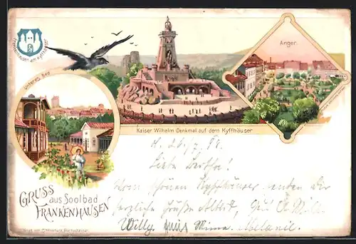 Lithographie Frankenhausen, Unteres Bad, Anger, Kaiser Wilhelm-Denkmal auf dem Kyffhäuser