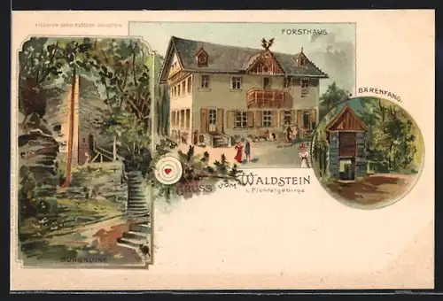 Lithographie Zell, Gasthaus Forsthaus Waldstein, Burgruine