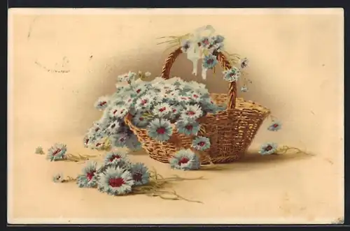 AK blaue Kornblumen in Holzkorb und davor liegend
