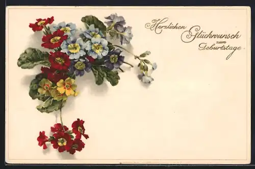 Künstler-AK Meissner & Buch (M&B) Nr. 2336: Buntes Blumenbukett, Herzlichen Glückwunsch zum Geburtstag