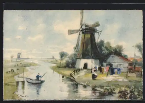 Künstler-AK Meissner & Buch (M&B) Nr. 2357: Windmühle am Ufer mit Fischerboot