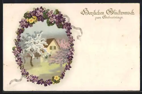 Künstler-AK Meissner & Buch (M&B) Nr. 2346: Frühlingslandschaft im Blumenrahmen, Glückwunsch zum Geburtstag